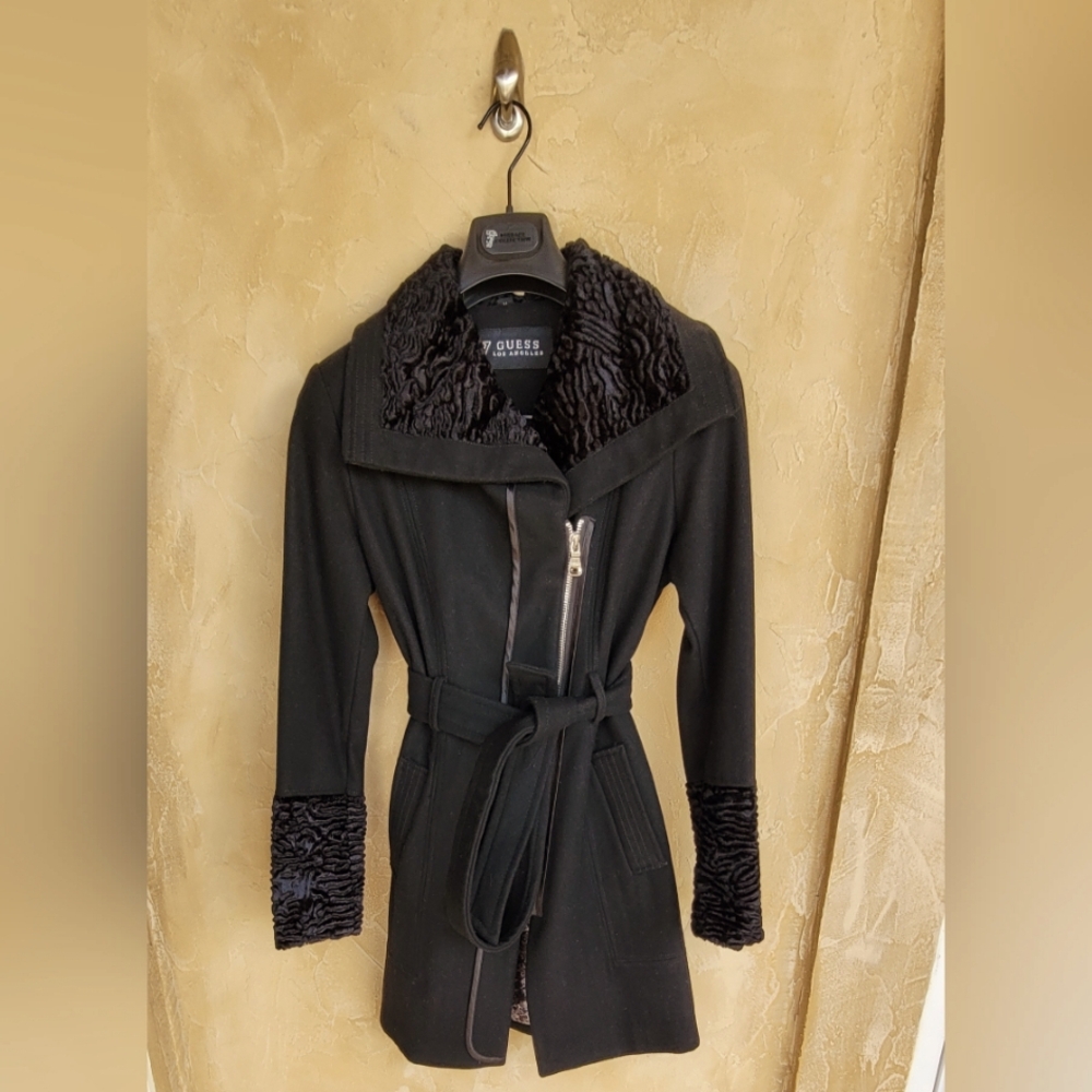 Guess Black Shell Wool Coat with Textured Sheep like Trim. Elegant & Timeless